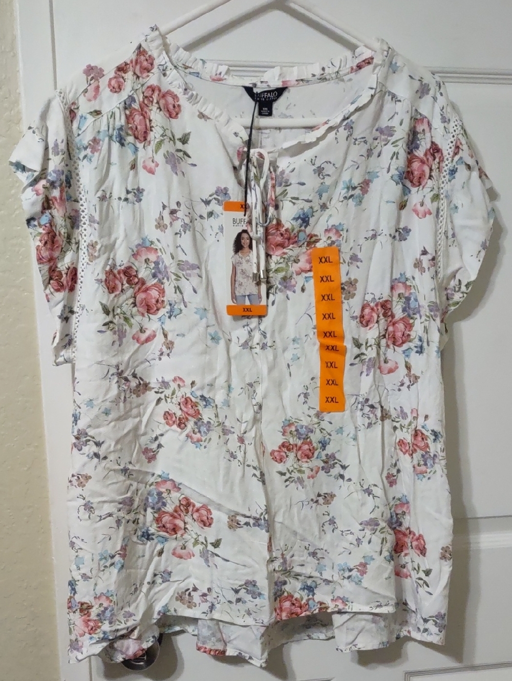 Buffalo David Bitton White Floral Short-Sleeve Blouse with Pink Rose Print